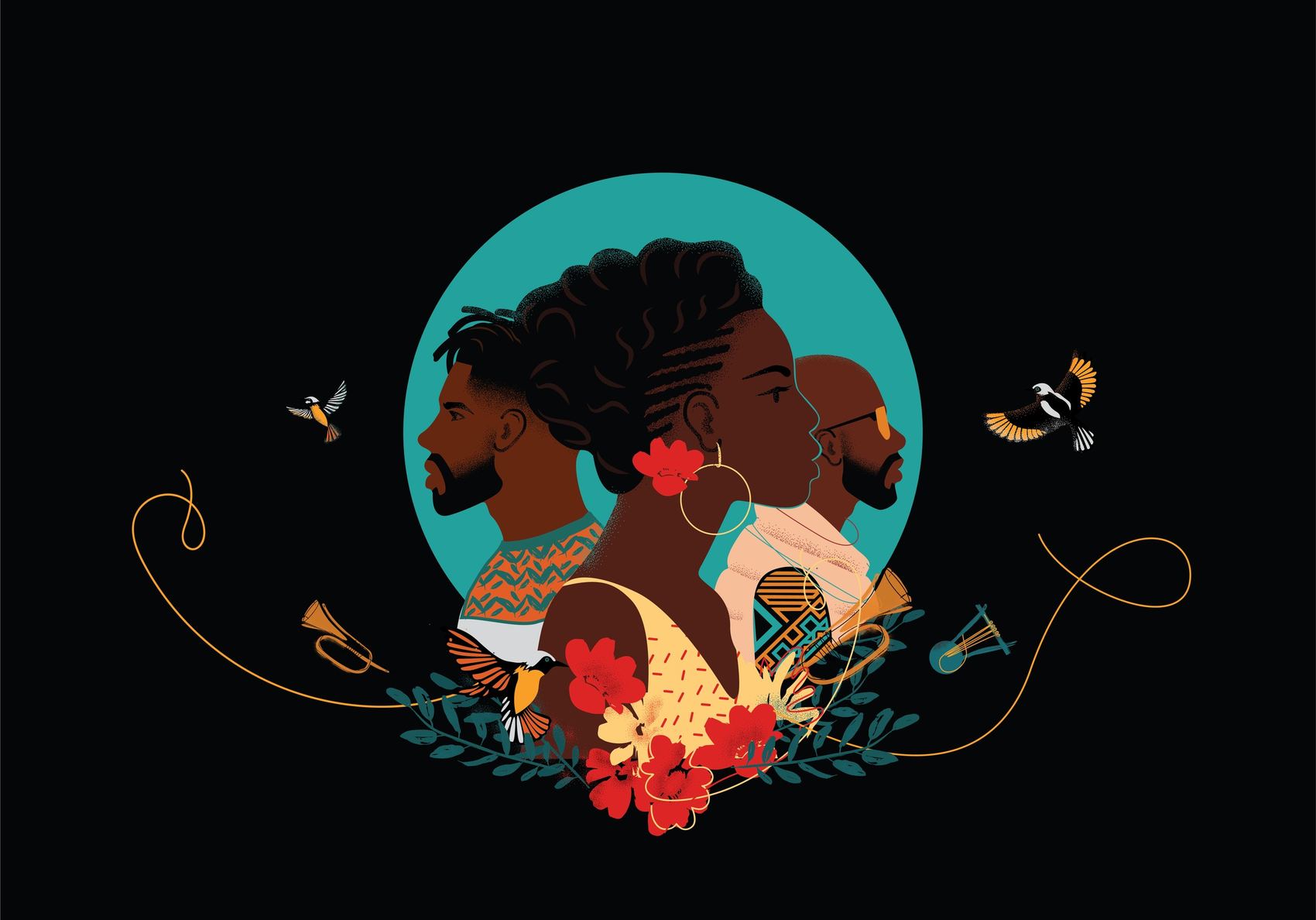 Arada key visual, three profiles back to back with hummingbirds and flowers
